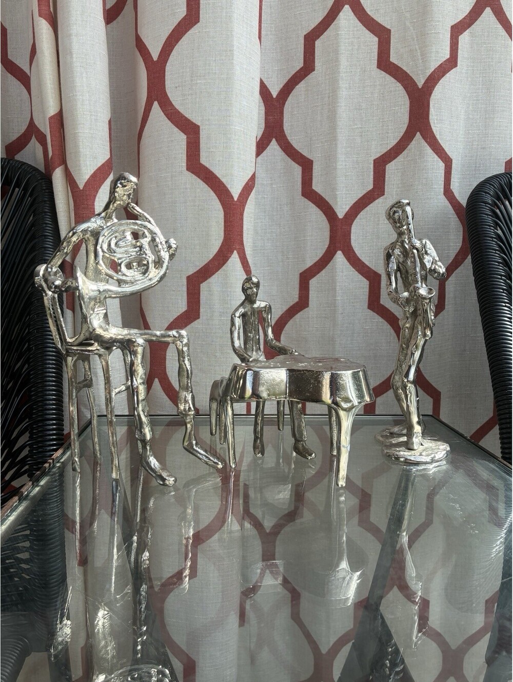 Vintage Burn Cast Metal Jazz Musician Sculpture Set Piano Sax French Horn Trio